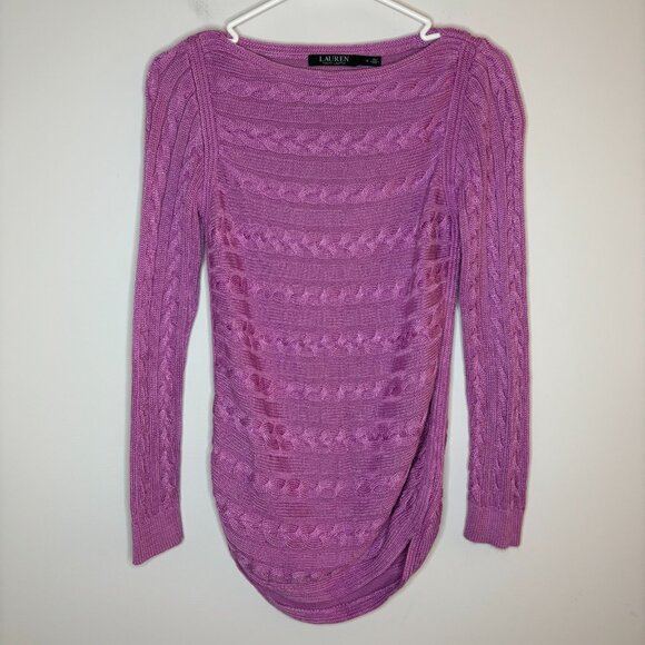 LAUREN RALPH LAUREN Cable Knit Sweater Womens S Boat Neck Purple Round Hem - Picture 5 of 5
